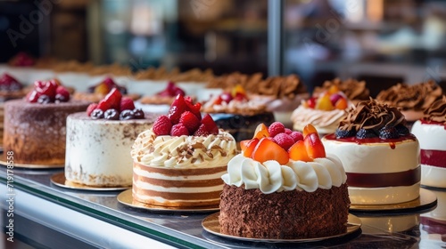 Delicious cakes with cream on display in a bakery close-up
