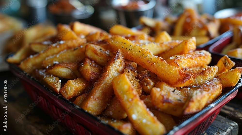 Thinly-cut fried potatoes in a crimson container. Thinly-cut fried potatoes in a crimson container.