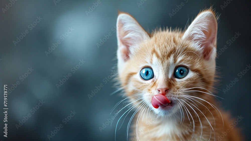 Amusing feline licks its chops. Close-up of an ivory-crimson kitty with stunning sapphire gazes forward. Adorable ravenous cat. Professional image. Blank area for words.