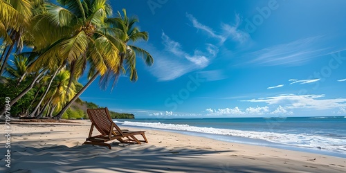 Serene tropical beach paradise with a single sun lounger. clear blue sky and idyllic palm trees. relaxation and vacation concept. AI