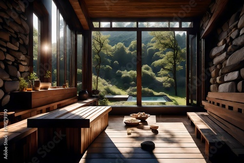 A rustic home sauna with wooden benches, exposed stone walls, and a large window overlooking nature, offering a serene and rejuvenating retreat within the comfort of your home.