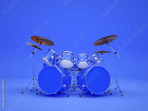 A cool, large blue drum kit stands in a blue room. 3D Render.