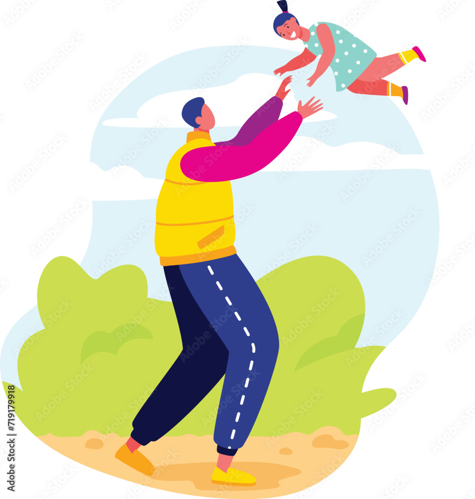 Father playing with daughter, lifting her high in the air outdoors, happy family moment. Playful child flying in parent s hands, joyful outdoor activity.
