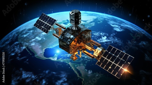 Futuristic telecom satellite orbiting earth with data hologram for internet and gps services