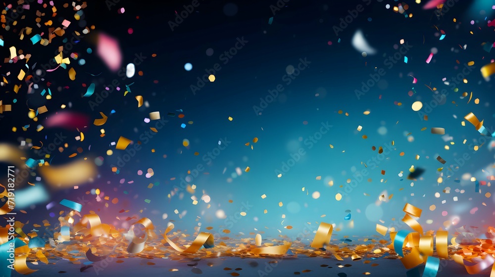 Celebration blue background with confetti and ribbons - Format 16:9
