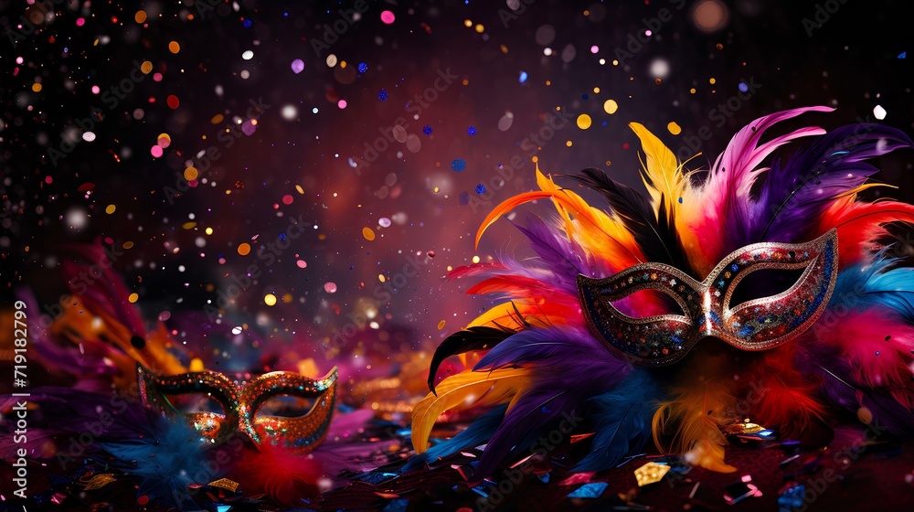 Traditional Venetian carnival mask on colorful bokeh background - Format 16:9