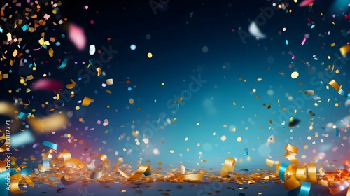 Obraz na płótnie Celebration blue background with confetti and ribbons - Format 16:9 w salonie