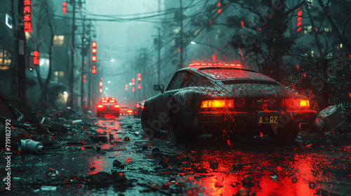 a car is sitting in a city with broken cars and fire and ambulances, in the style of dark realism, atmospheric woodland imagery, realistic rendering, poster, rtx on
