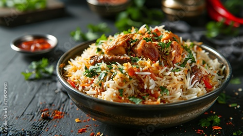 Aromatic Indian biryani with fiery chicken, captured in a striking food photo against a dark backdrop. photo