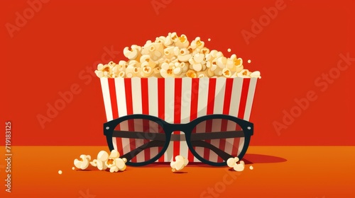 Illustration of a basket with popcorn and 3D glasses on a red-orange background