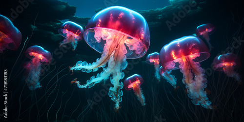 Glowing sea jellyfishes on dark background neural network, Jellyfish swimming in the ocean, Neon jellyfish in neon light, A digital painting of jellyfish in pink and blue 