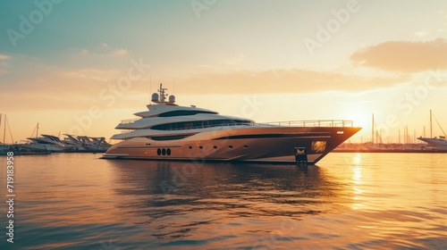 A modern  white yacht near the pier at sunset  side view. Travel and vacation