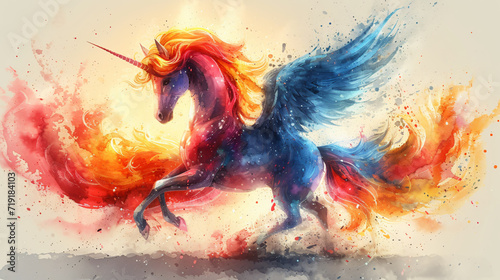 a unicorn with blue wings, and colorful feathery mane, in the style of watercolor illustrations, light violet and light red, dark pink and yellow, dripping paint, full body, angura kei, bright  photo