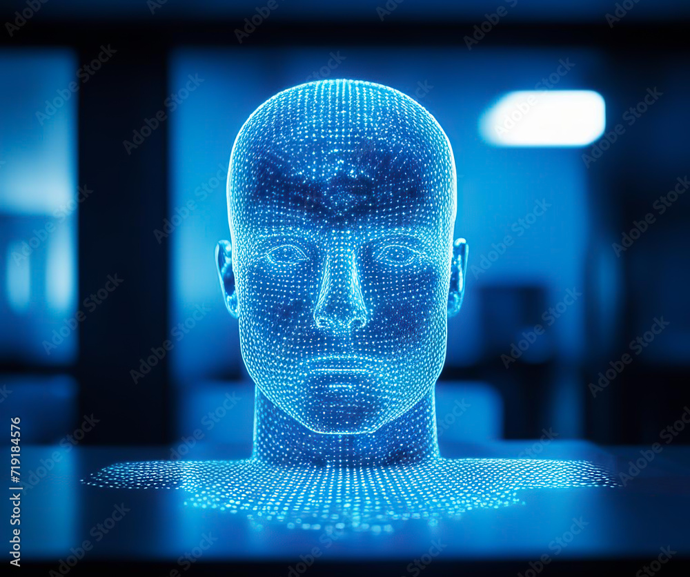 Abstract virtual artificial Intelligence interface with human head hologram on a modern furnished office background. Multiexposure. Abstract virtual artificial Intelligence interface with human head hologram on a modern furnished office background. Multiexposure.