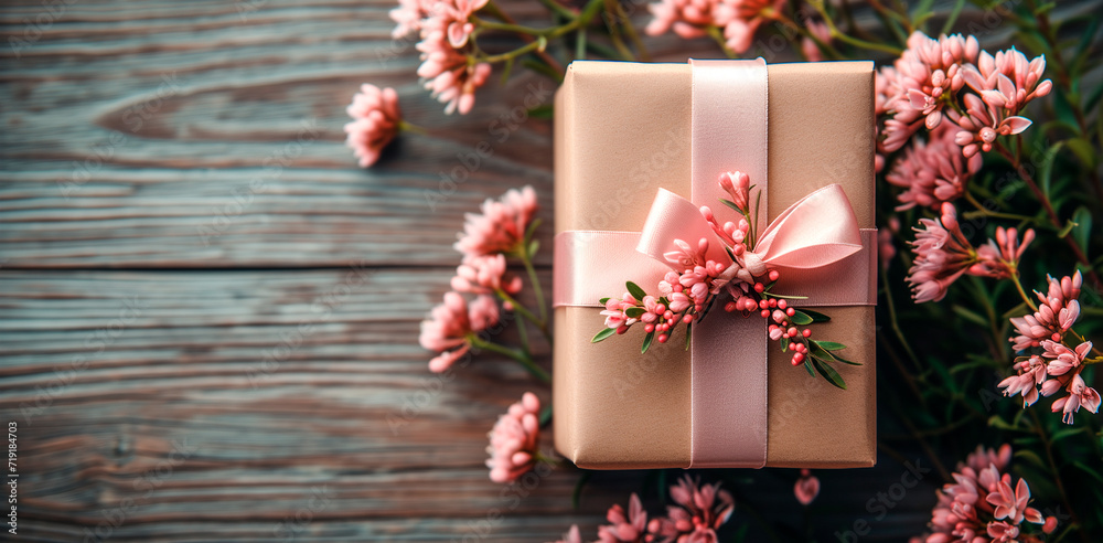 Gift box and bouquet of delicate flowers on a wooden background. Mother's Day or March 8th. View from above. Gift box and bouquet of delicate flowers on a wooden background. Mother's Day or March 8th. View from above.