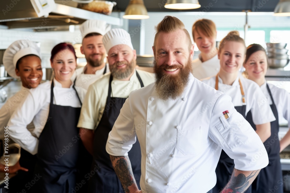 Confident Chef with Supportive Culinary Team.
Confident male chef with a full beard standing with his culinary team, all in white chef uniforms, in a well-equipped restaurant kitchen. Confident Chef with Supportive Culinary Team.
Confident male chef with a full beard standing with his culinary team, all in white chef uniforms, in a well-equipped restaurant kitchen.