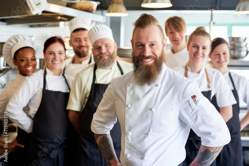 Confident Chef with Supportive Culinary Team. Confident male chef with a full beard standing with his culinary team, all in white chef uniforms, in a well-equipped restaurant kitchen.