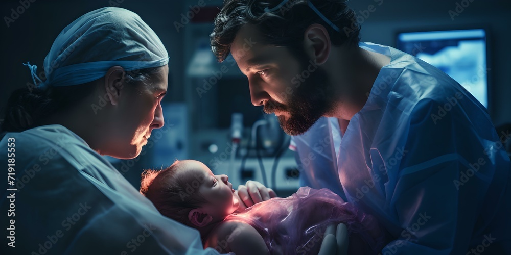 Newborn baby welcomed by healthcare professionals in a hospital setting. tender and warm. AI - obrazy, fototapety, plakaty 