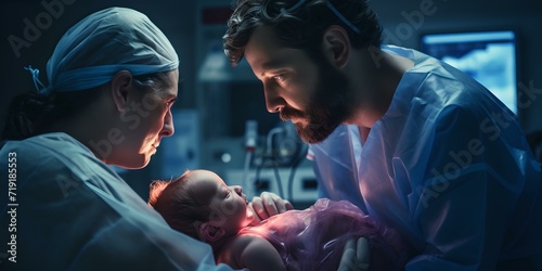 Newborn baby welcomed by healthcare professionals in a hospital setting. tender and warm. AI photo