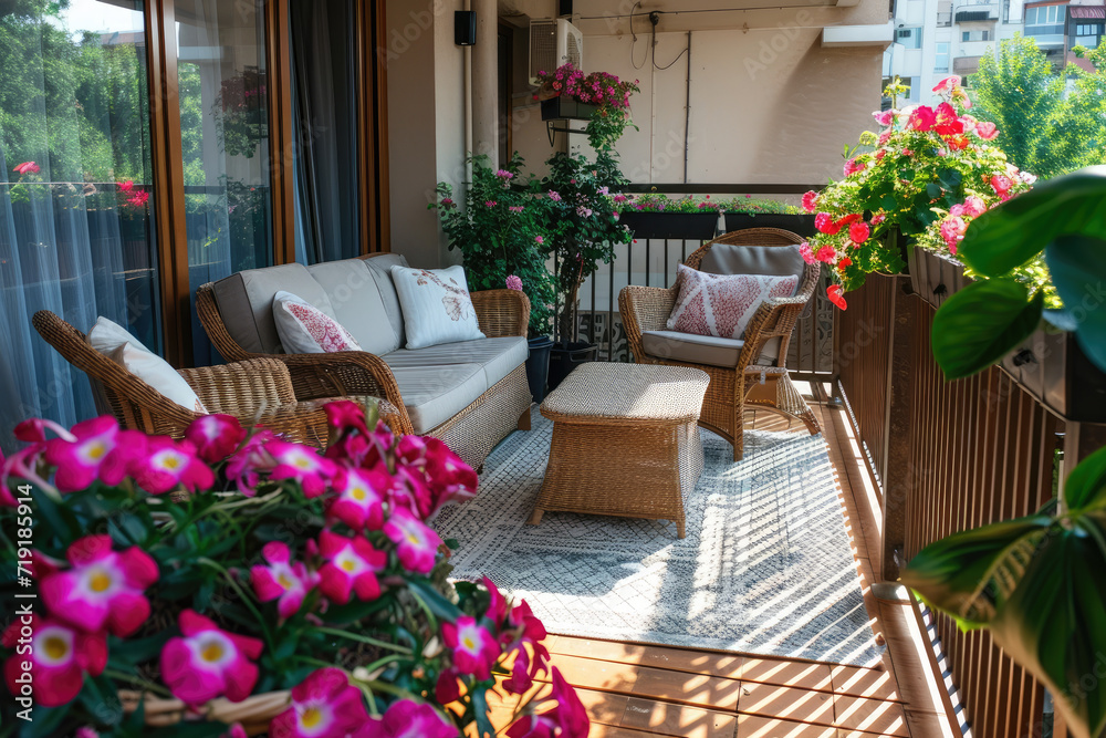 Large balcony with cozy sofas and armchairs and flower pots