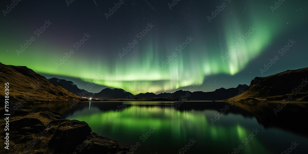 view of Aurora green Northern Lights in the night sky near the Arctic Circle mountain range