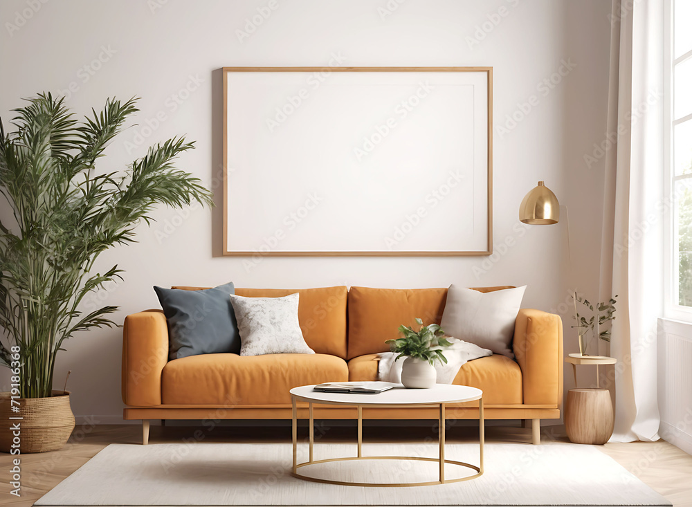 Frame mockup, ISO A paper size. Living room poster mockup. Interior mockup with house white background. Modern interior design. 3D render