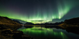 view of Aurora green Northern Lights in the night sky near the Arctic Circle mountain range