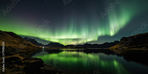 view of Aurora green Northern Lights in the night sky near the Arctic Circle mountain range © tan4ikk
