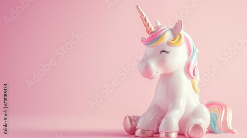 White unicorn mit rainbow mane sitting happy on a pink background with copy space. Card concept to celebrate your uniqueness and happiness in life. Banner for little girls and older ones.