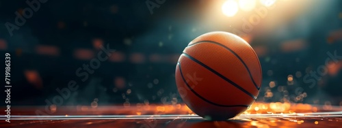 Basketball ball lying on court, stadium with blurred dark background. After game.