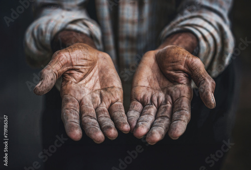 Foto Homeless man with his hands out for donations