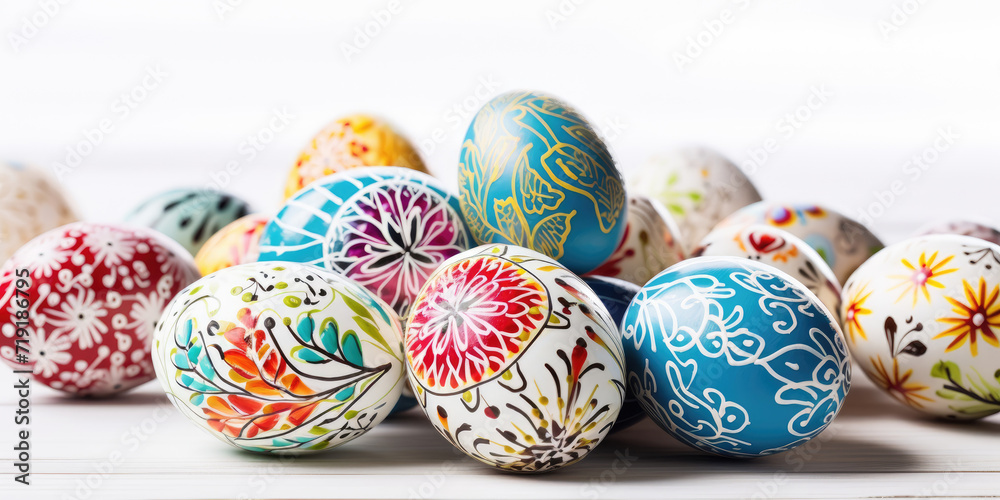Multi-colored Easter eggs with a pattern on a light background. Easter stylish minimal composition. Close-up. Multi-colored Easter eggs with a pattern on a light background. Easter stylish minimal composition. Close-up.