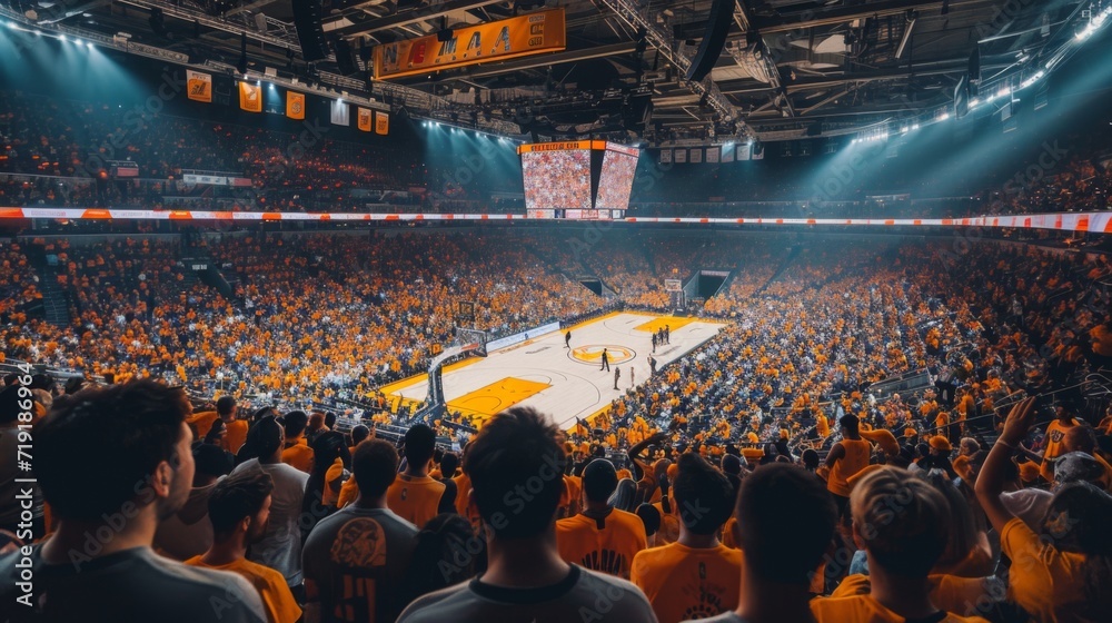 Top view of basketball arena with basketball players on court view ...