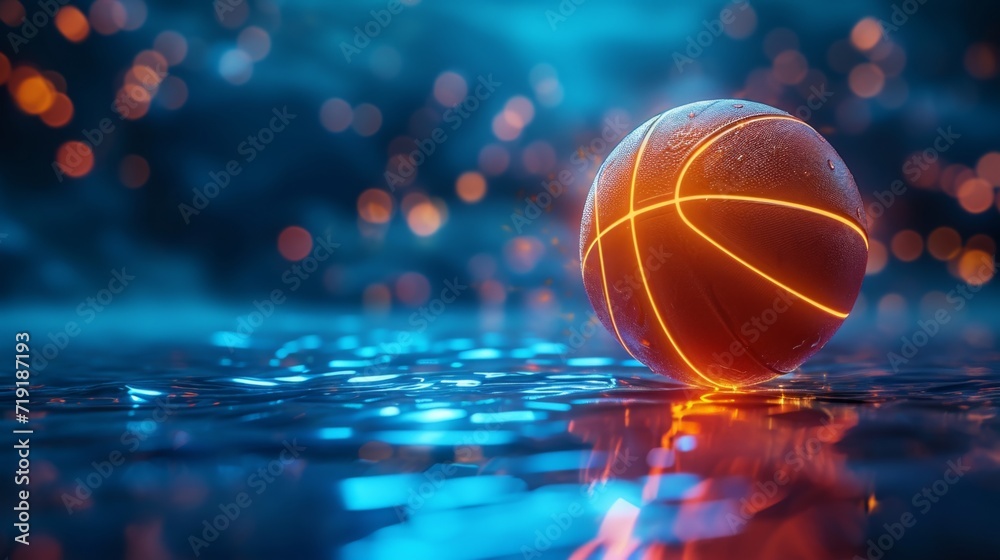 Basketball ball lying on court, stadium with water effect, blurred dark background in neon. After game.