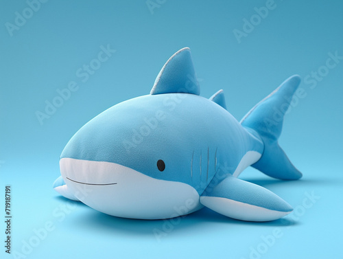 Cute kawaii squishy shark plush toy with realistic texture and visible stitch line. 