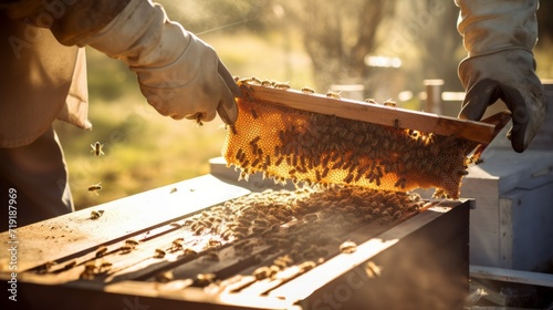A close-up of a beekeeper wearing a protective uniform takes care of bees, checks the quality of honey, examines the honeycombs in the apiary. Beekeeping, organic agricultural products concepts. photo