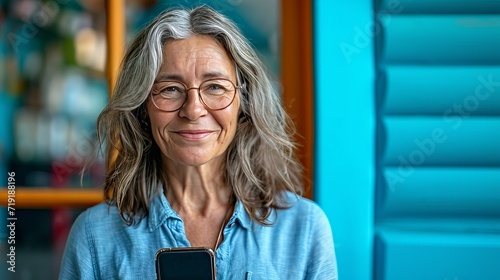 Mature woman using smartphone, middle aged customer holding mobile device, technology concept