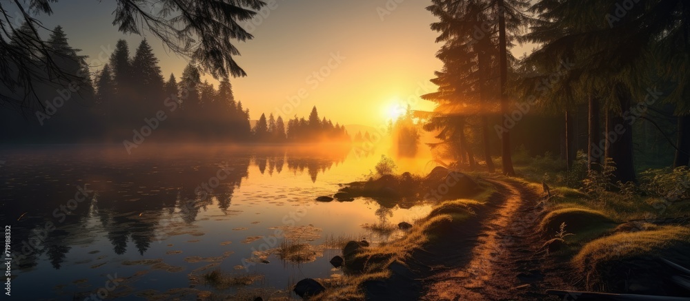 In the early morning, as the sun began to rise, its golden rays illuminated the serene lake, casting a mesmerizing silhouette against the backdrop of a winding road.