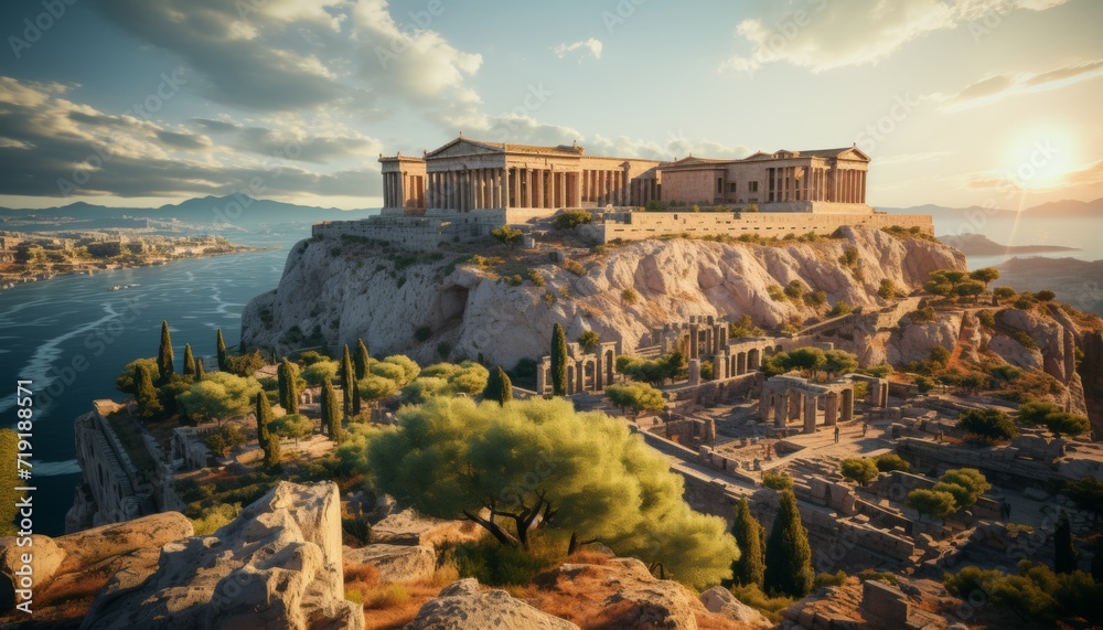 Fototapeta premium Sunset Historian: Roaming the Acropolis at sunset