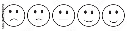 Iconic illustration of satisfaction level. Range to assess the emotions of your content. Feedback in form of emotions. User experience. Customer feedback. Excellent, good, normal, bad, awful, eps10