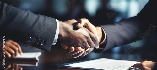 Close up of business professionals negotiating contract and shaking hands in office meeting photo