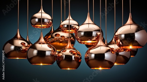 Different modern streamlined mirror copper chandeliers.