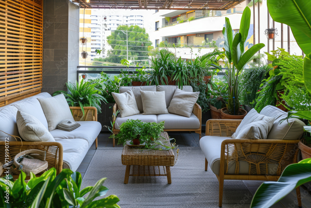 Large balcony with cozy sofas and armchairs and plants