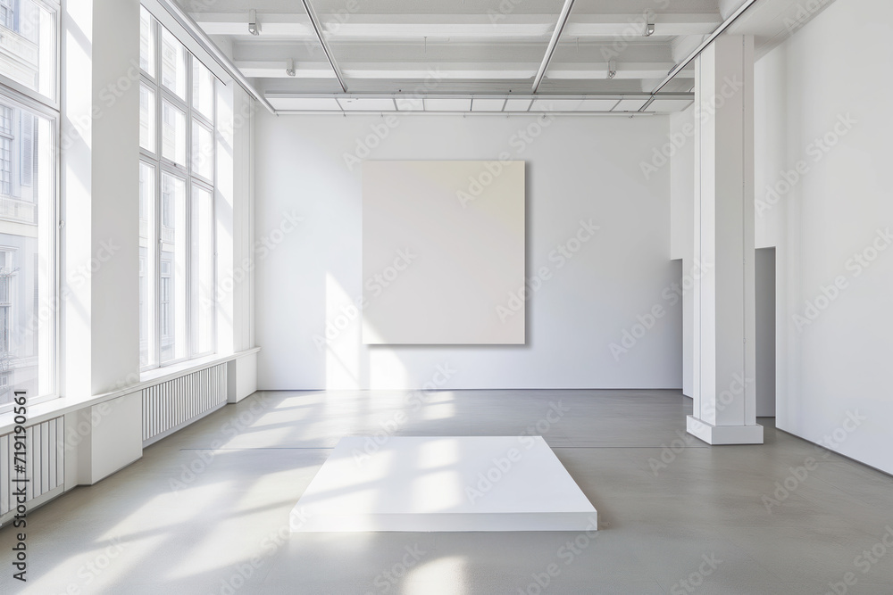 Empty interior of a modern art gallery. White canvas. Created with Generative AI technology

