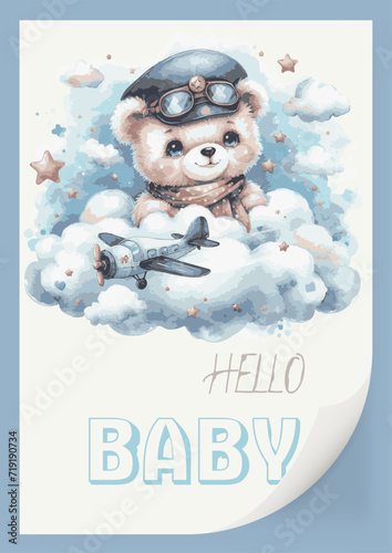 Watercolor invitation card for a baby shower with an illustration of a pilot bear on an airplane. Hello, children s inscription.