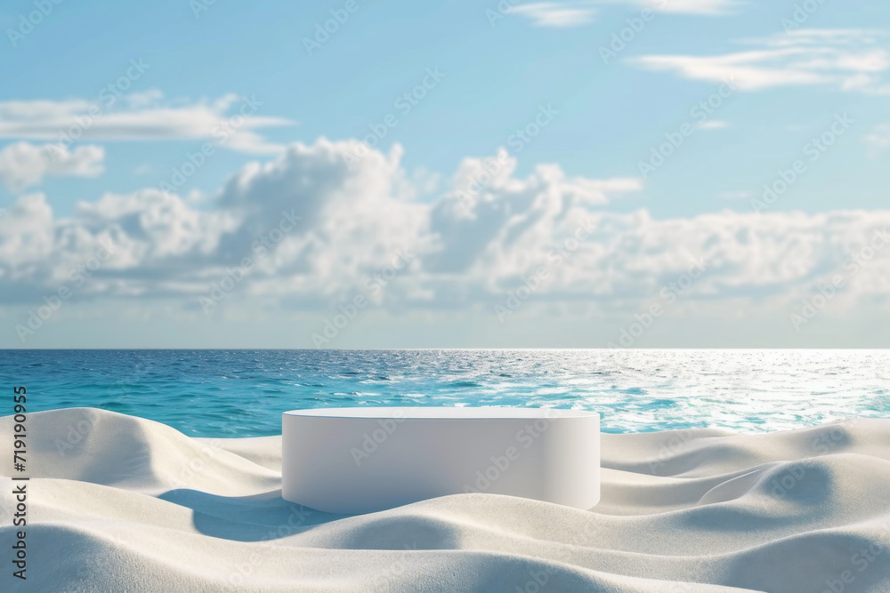 White Sand with White 3D podium put on sand dune againt blurry blue ocean and beautiful sky Summer background