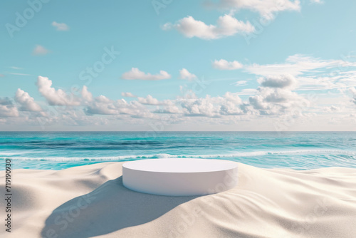 White Sand with White 3D podium put on sand dune againt blurry blue ocean and beautiful sky Summer background
