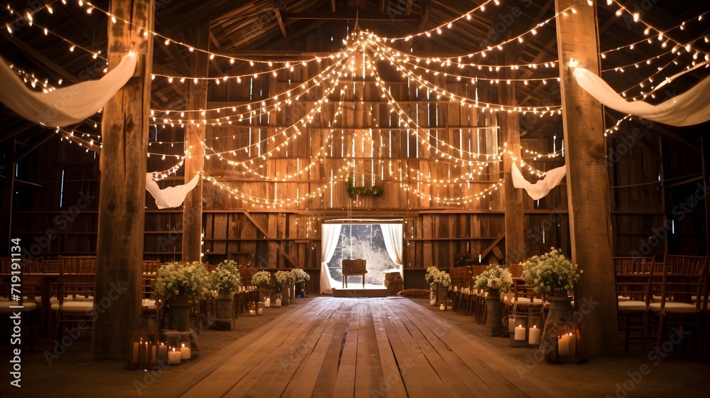 Indoor barn wedding with string lighting to celebrate marriage in a rustic setting. 