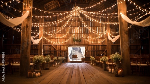 Indoor barn wedding with string lighting to celebrate marriage in a rustic setting.  © Ziyan