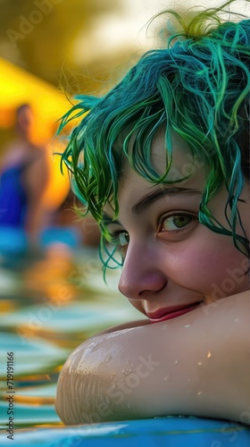 A girl with green eyes is having fun at a summer party photo